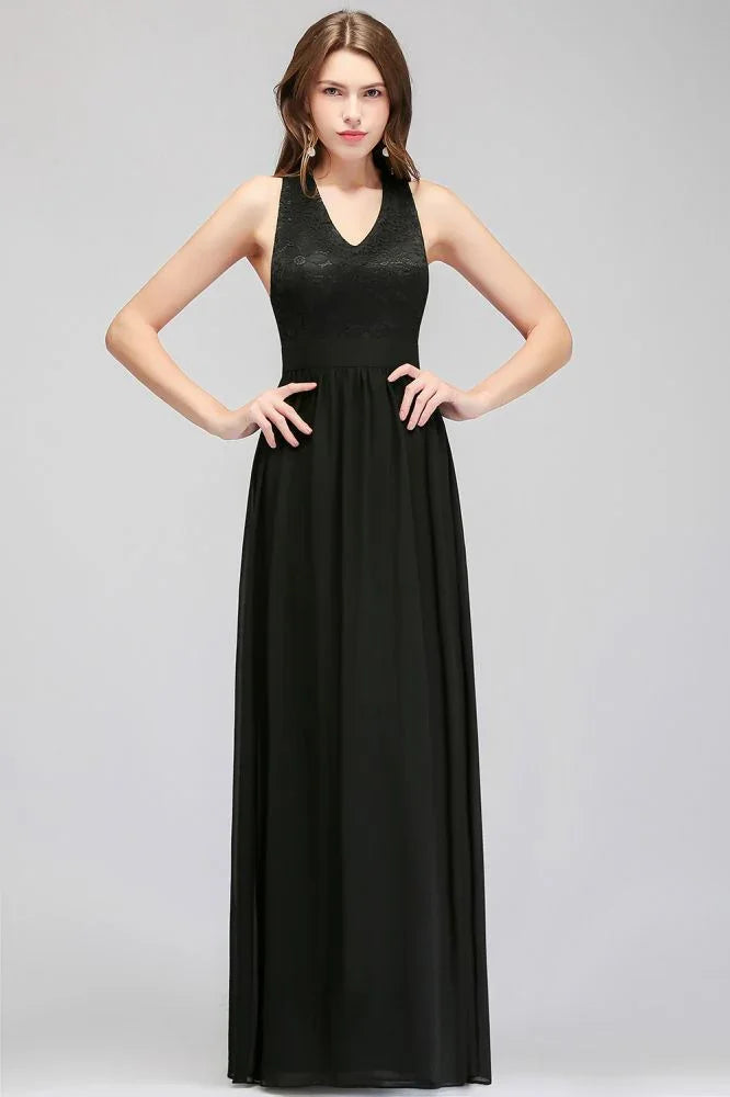 Vestido de dama de honor negro, sin mangas, de encaje, largo hasta el suelo, con escote en pico