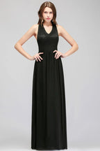 Vestido de dama de honor negro, sin mangas, de encaje, largo hasta el suelo, con escote en pico