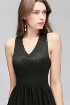 Vestido de dama de honor negro, sin mangas, de encaje, largo hasta el suelo, con escote en pico