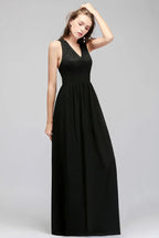 Vestido de dama de honor negro, sin mangas, de encaje, largo hasta el suelo, con escote en pico