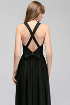 Vestido de dama de honor negro, sin mangas, de encaje, largo hasta el suelo, con escote en pico