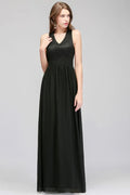 Vestido de dama de honor negro, sin mangas, de encaje, largo hasta el suelo, con escote en pico