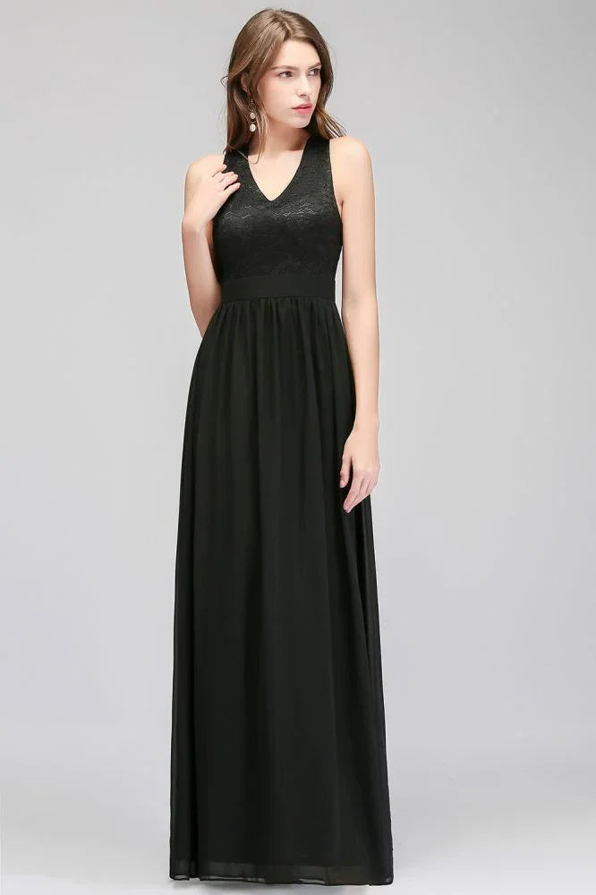 Vestido de dama de honor negro, sin mangas, de encaje, largo hasta el suelo, con escote en pico