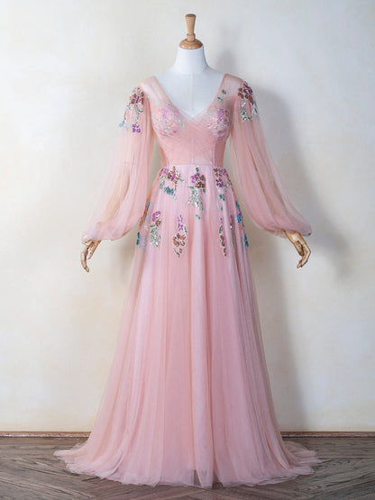 Vestido de fiesta de tul con escote en V, bordado con lentejuelas y largo hasta el suelo