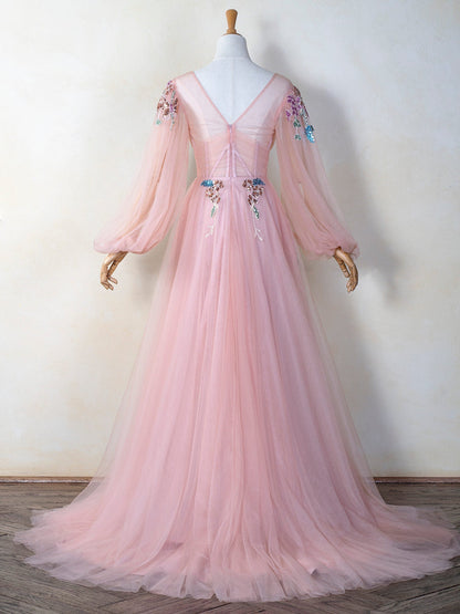 Vestido de fiesta de tul con escote en V, bordado con lentejuelas y largo hasta el suelo