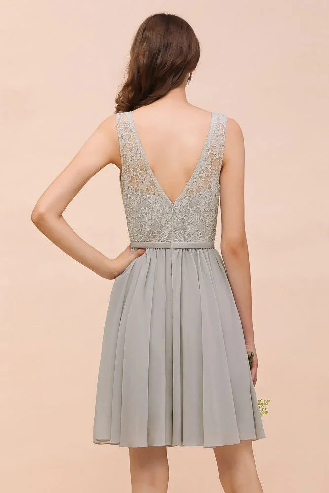 Vestido curto cinzento simples de chiffon com decote em V, renda floral, para cozinhar em casa, vestido de dama de honor, vestido de festa