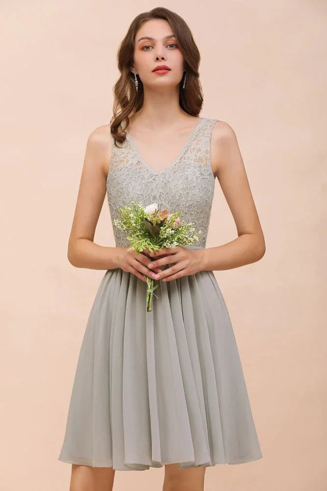 Vestido curto cinzento simples de chiffon com decote em V, renda floral, para cozinhar em casa, vestido de dama de honor, vestido de festa