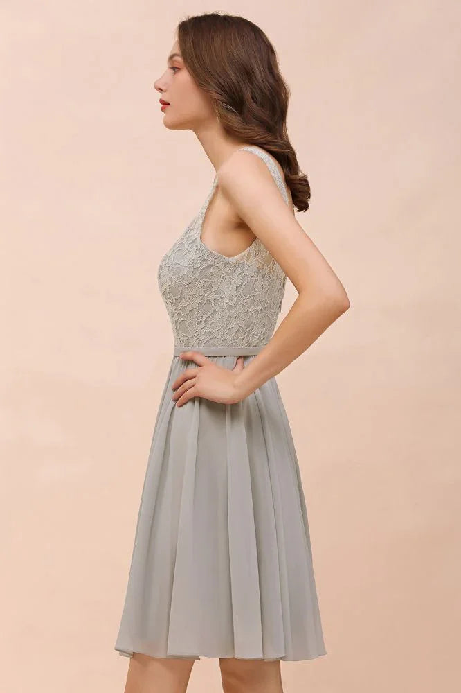 Vestido curto cinzento simples de chiffon com decote em V, renda floral, para cozinhar em casa, vestido de dama de honor, vestido de festa