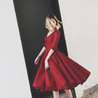 V Neck Half Sleeves Burgundy Lace Homecoming Dress Short Prom Dress