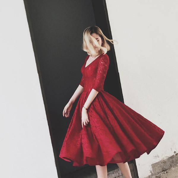 V Neck Half Sleeves Burgundy Lace Homecoming Dress Short Prom Dress