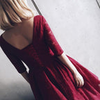 V Neck Half Sleeves Burgundy Lace Homecoming Dress Short Prom Dress