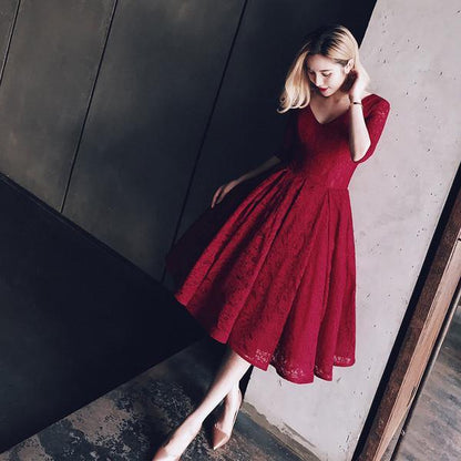V Neck Half Sleeves Burgundy Lace Homecoming Dress Short Prom Dress
