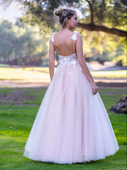 Vestido de fiesta de tul con escote en V, encaje, tirantes de lazo y largo hasta el suelo