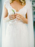 V-Neck Lace Tulle Cap Sleeve A-Line Wedding Dress