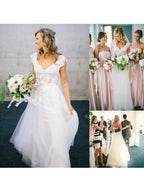 V-Neck Lace Tulle Cap Sleeve A-Line Wedding Dress