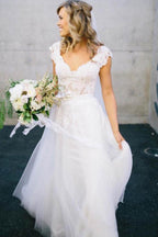 V-Neck Lace Tulle Cap Sleeve A-Line Wedding Dress