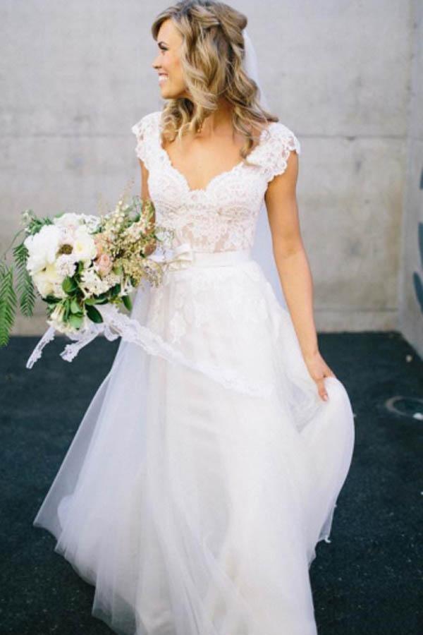V-Neck Lace Tulle Cap Sleeve A-Line Wedding Dress