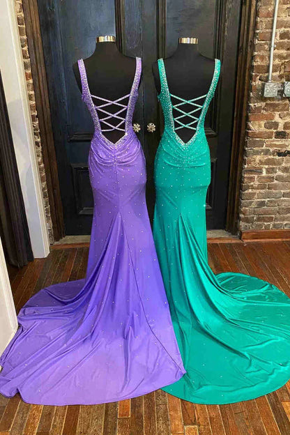 Elle | Vestido de fiesta de satén con cuentas, escote en V y espalda cruzada, estilo sirena