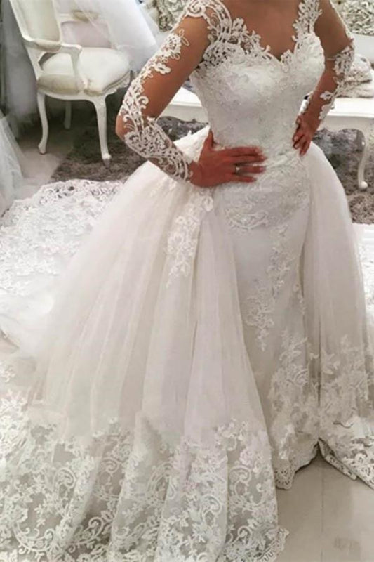 Brautkleid mit V-Ausschnitt, langen Ärmeln, Applikationen und Watteau-Schleppe