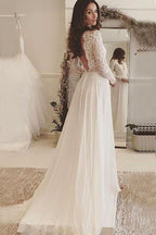 V-Neck Long Sleeves Backless Ivory Chiffon Wedding Dress with Lace
