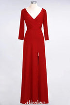 Vestido de Dama de Honra Comprido com Decote em V, Mangas Compridas, Fendas Laterais e Folhos
