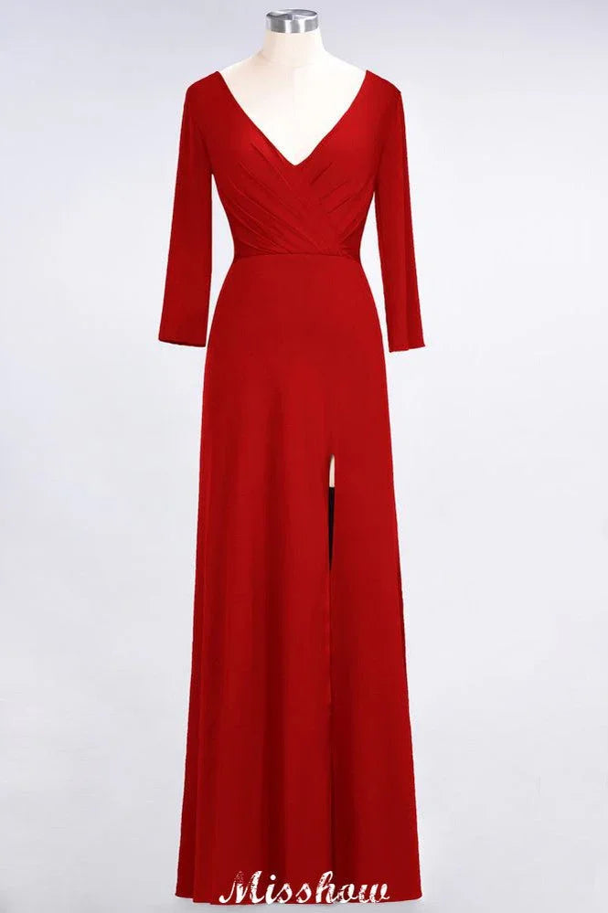Vestido de Dama de Honra Comprido com Decote em V, Mangas Compridas, Fendas Laterais e Folhos