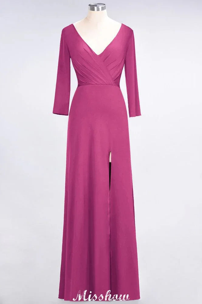 Vestido de Dama de Honra Comprido com Decote em V, Mangas Compridas, Fendas Laterais e Folhos