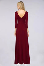 Vestido de Dama de Honra Comprido com Decote em V, Mangas Compridas, Fendas Laterais e Folhos