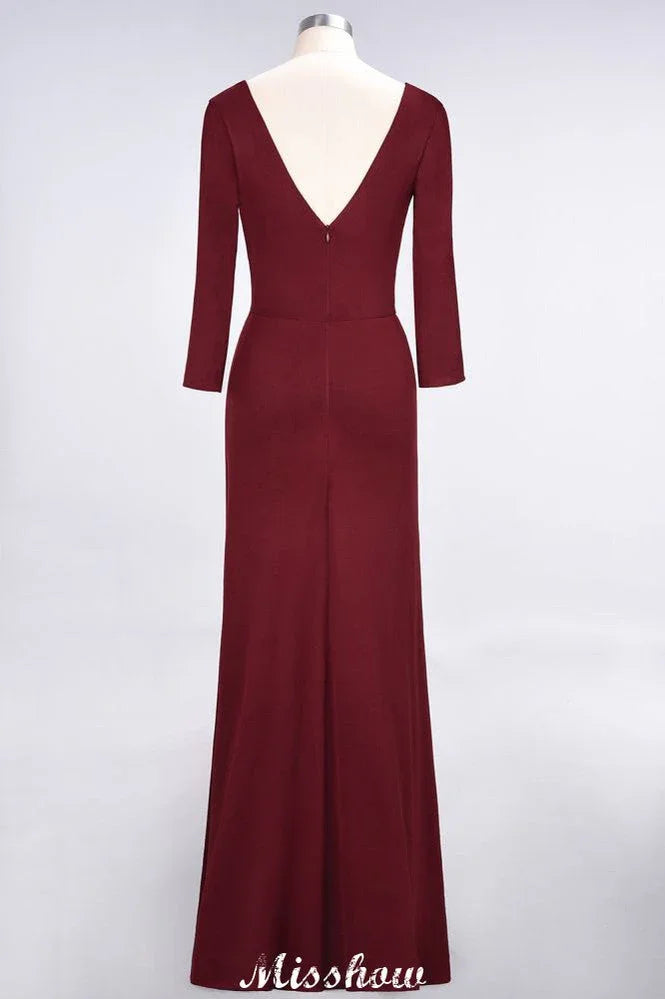 Vestido de Dama de Honra Comprido com Decote em V, Mangas Compridas, Fendas Laterais e Folhos