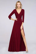 Vestido de Dama de Honra Comprido com Decote em V, Mangas Compridas, Fendas Laterais e Folhos