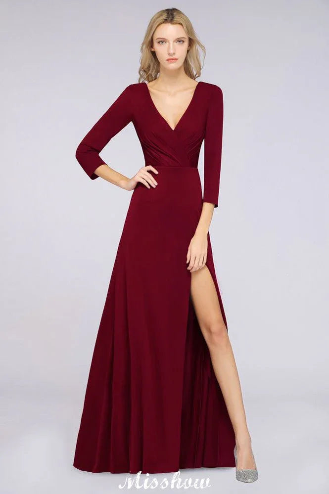 Vestido de Dama de Honra Comprido com Decote em V, Mangas Compridas, Fendas Laterais e Folhos