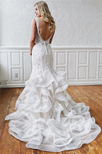 V Neck Backless Mermaid Lace Wedding Dress With Ruffles