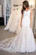 V Neck Mermaid Lace Wedding Dresses Bridal Gown With Sweep Train