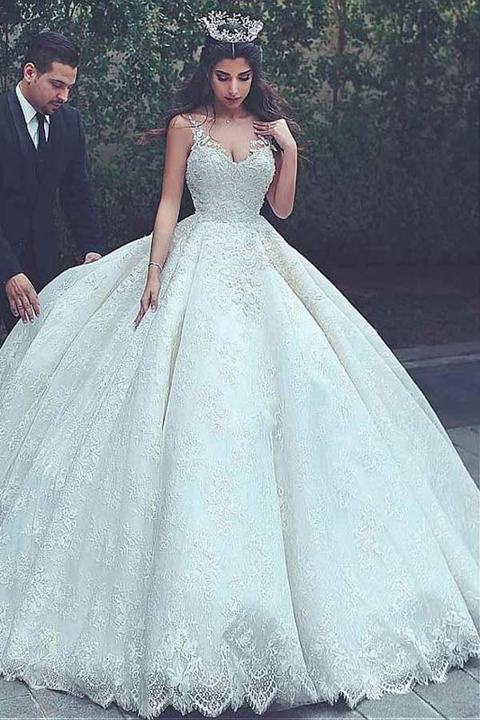 Ballkleid-Brautkleider mit V-Ausschnitt und Spitzenapplikationen