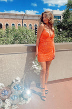 V-neck Orange Spaghetti Straps Sleeveless Homecoming Dresses With Lace
