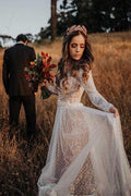 V-Neck Polka Dot Lace Open Back Long Sleeve  Boho Bridal Gown