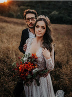 V-Neck Polka Dot Lace Open Back Long Sleeve  Boho Bridal Gown