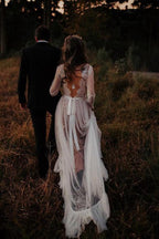 V-Neck Polka Dot Lace Open Back Long Sleeve  Boho Bridal Gown