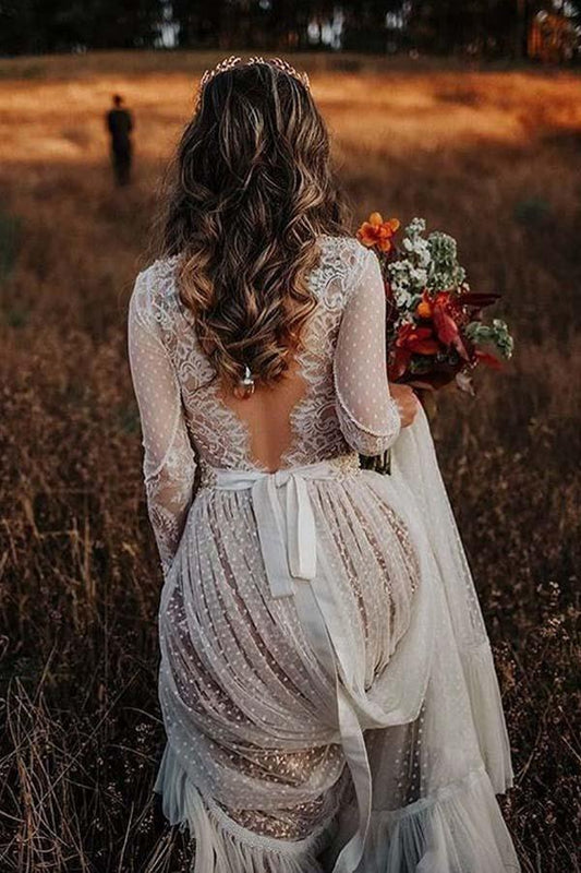 Vestido de novia bohemio de manga larga con escote en V, encaje de lunares y espalda abierta 