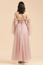 Vestido de Dama de Honra com Decote em V, Mangas de Chiffon com Folhos e Corte A, Cor Rosa Empoeirada para Festa de Casamento