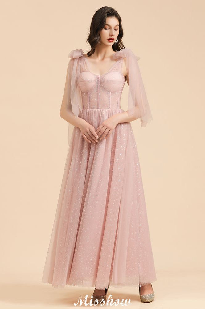 Vestido de Dama de Honra com Decote em V, Mangas de Chiffon com Folhos e Corte A, Cor Rosa Empoeirada para Festa de Casamento