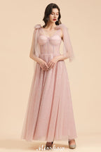 Vestido de Dama de Honra com Decote em V, Mangas de Chiffon com Folhos e Corte A, Cor Rosa Empoeirada para Festa de Casamento