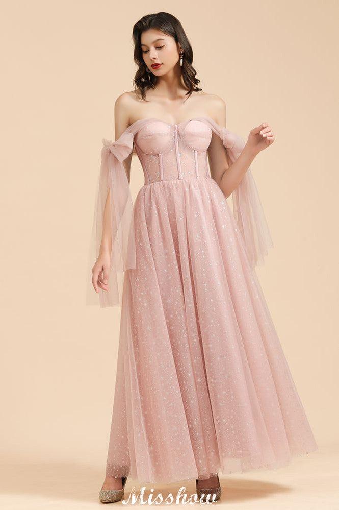 Vestido de Dama de Honra com Decote em V, Mangas de Chiffon com Folhos e Corte A, Cor Rosa Empoeirada para Festa de Casamento