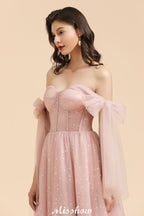 Vestido de Dama de Honra com Decote em V, Mangas de Chiffon com Folhos e Corte A, Cor Rosa Empoeirada para Festa de Casamento