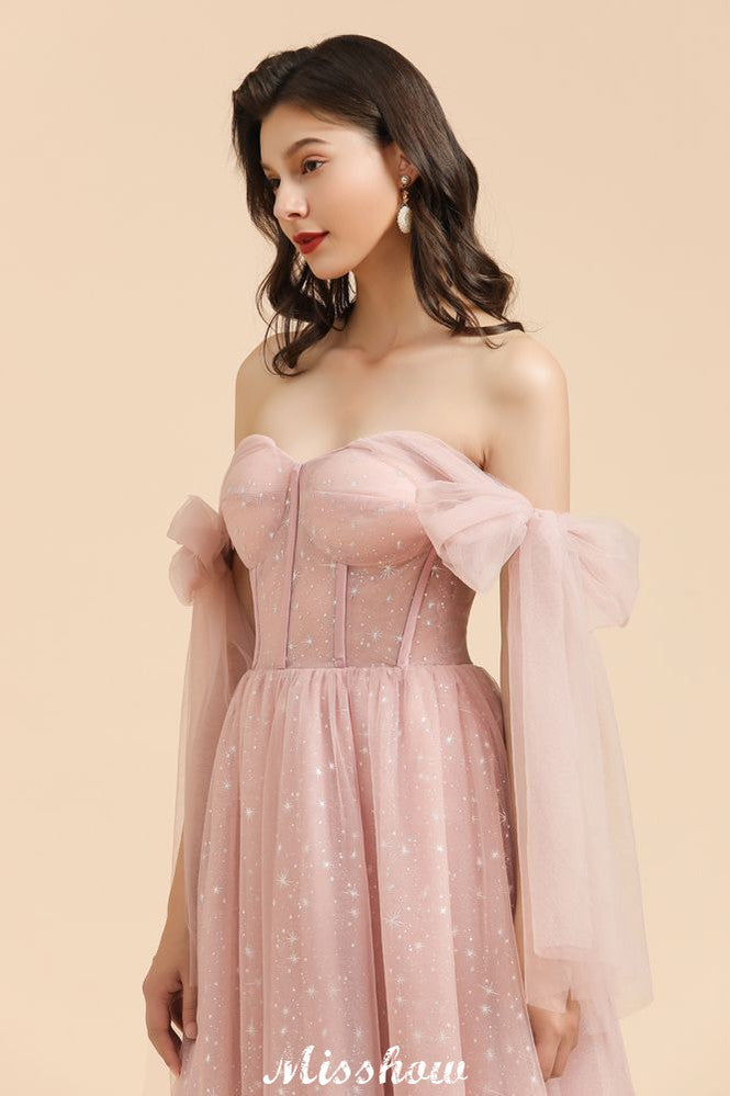 Vestido de Dama de Honra com Decote em V, Mangas de Chiffon com Folhos e Corte A, Cor Rosa Empoeirada para Festa de Casamento