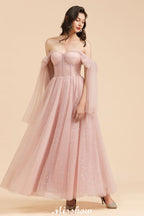 Vestido de Dama de Honra com Decote em V, Mangas de Chiffon com Folhos e Corte A, Cor Rosa Empoeirada para Festa de Casamento