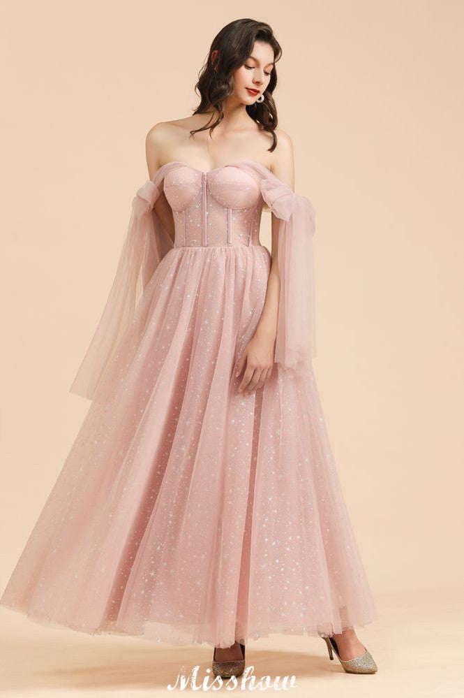 Vestido de Dama de Honra com Decote em V, Mangas de Chiffon com Folhos e Corte A, Cor Rosa Empoeirada para Festa de Casamento