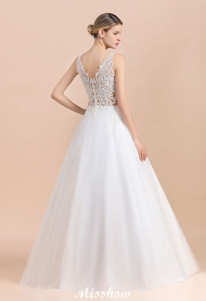 V-Ausschnitt Durchsichtige Spitze Aline Brautkleid Bodenlanges Prinzessin Brautkleid