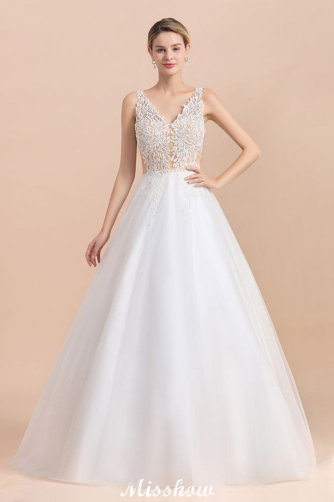 V-Ausschnitt Durchsichtige Spitze Aline Brautkleid Bodenlanges Prinzessin Brautkleid