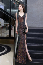 V-Neck Sequins Long Evening Dress With Split